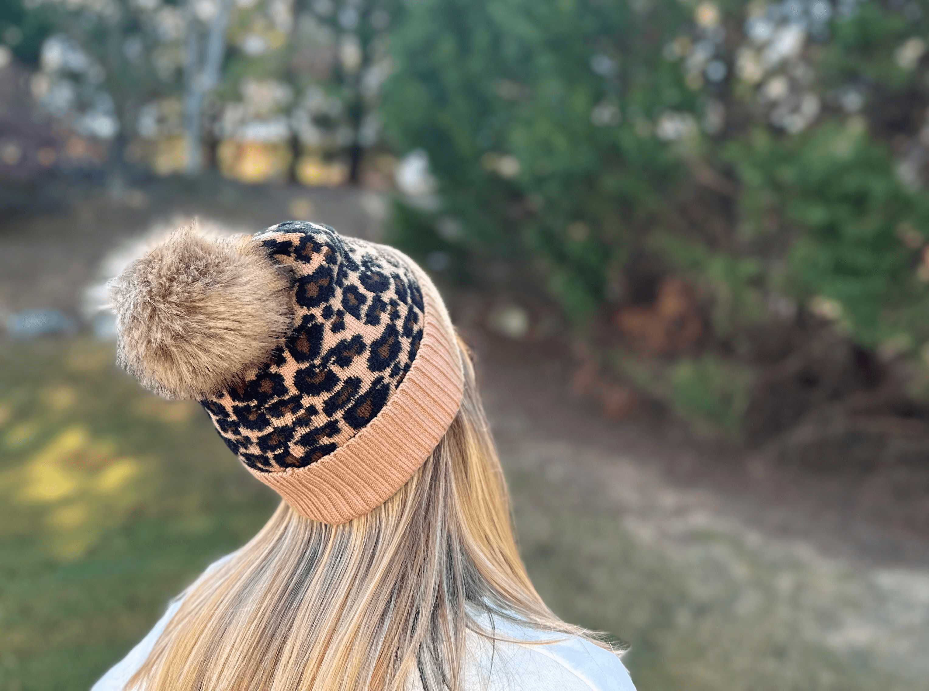 LEOPARD BEANIES WITH REMOVABLE RACCOON FUR POM-POM